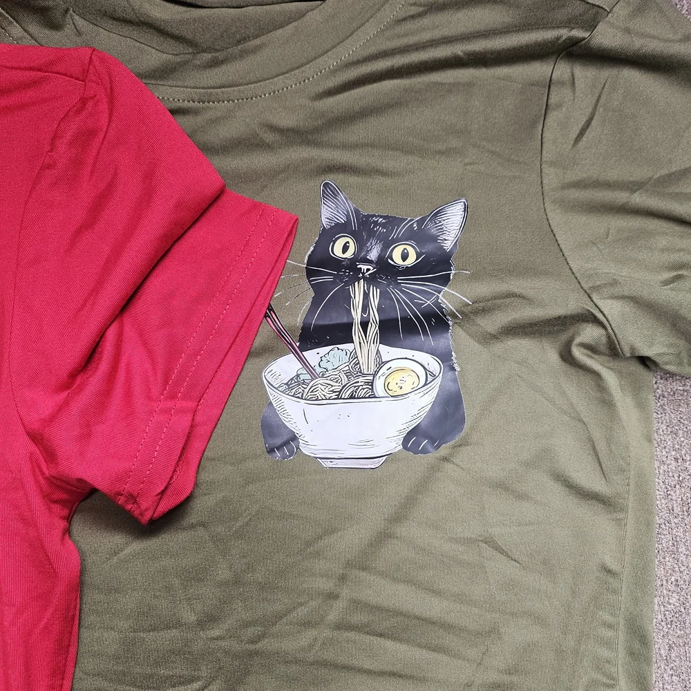 Cat Noodle Graphic T-Shirt - Olive and Red